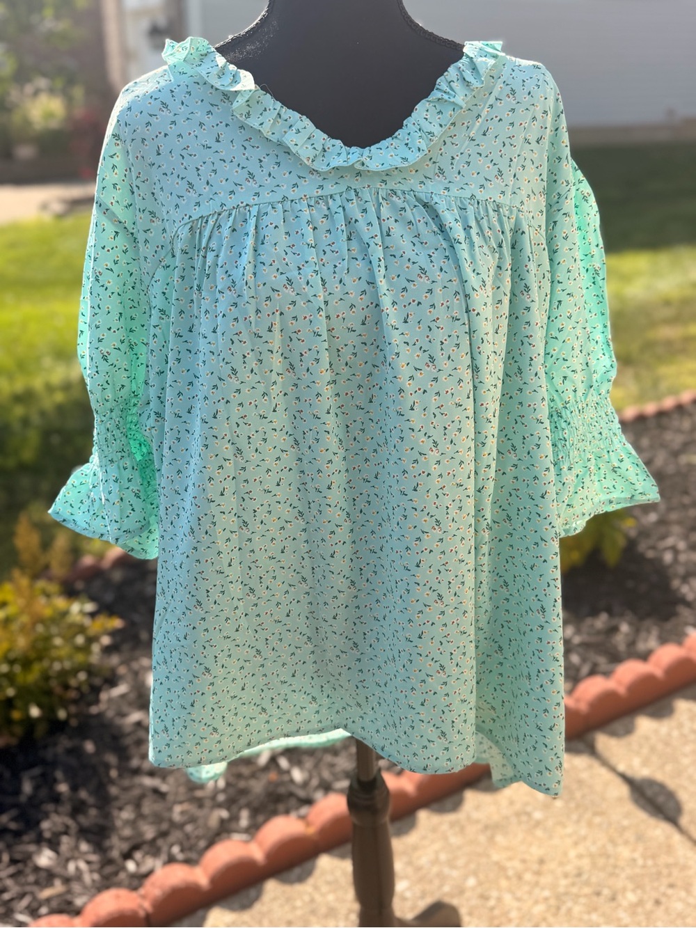 Light Mint Floral Ruffle-Neck Women's Top